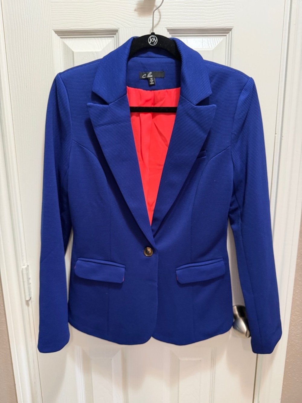 C. Luce Royal Blue Single-Button Blazer with Coral Colored Lining